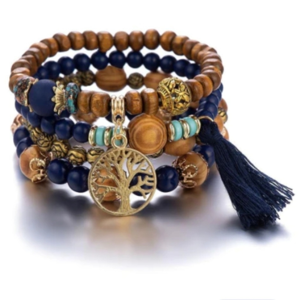 Tree Of Life Blue Beaded Layered Bracelet Set Tassel - Picture 8 of 10
